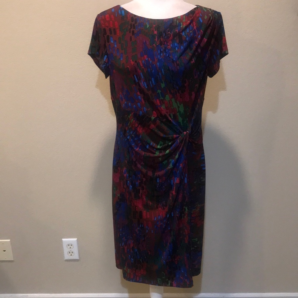 Ellen Tracy Muti Colored Short Sleeve Pleated Knotted Ruched Midi Dress-Size 12